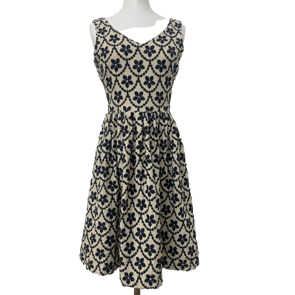 Sunday In Brooklyn‎ Dress Sz XS Navy and Oatmeal Embordered Fit & Flare A-Line